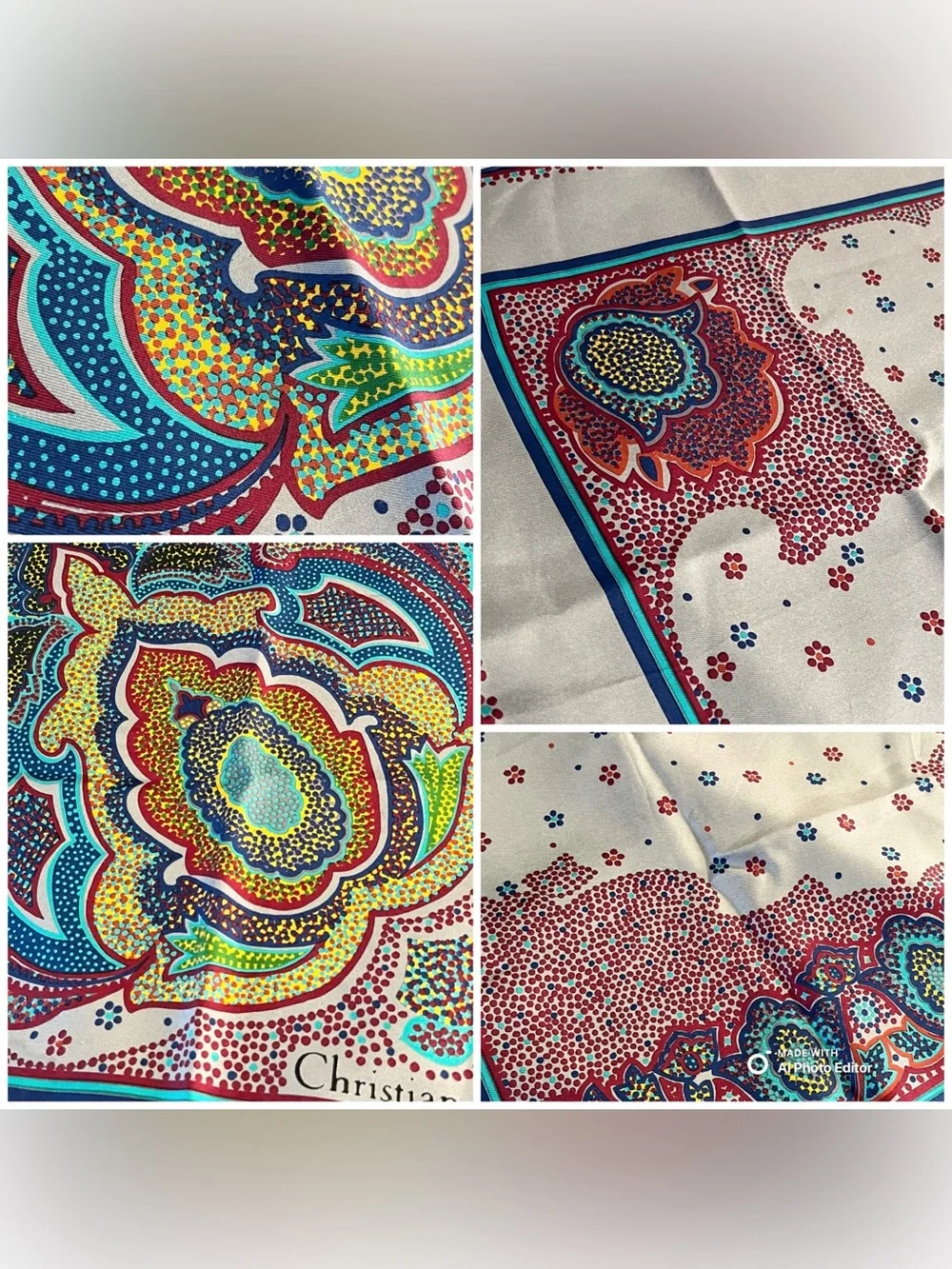 Christian Dior Vintage Silk Scarf Grey Paisley Floral Hand Rolled 30 Square